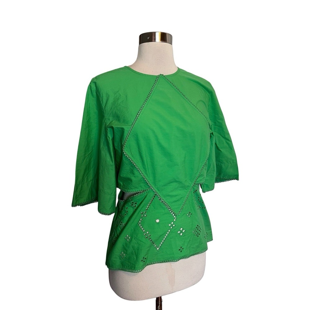 Ganni Broderie Anglaise Patch Top Sz 38 US 6 Kelly Green Boho Cottagecore Blouse